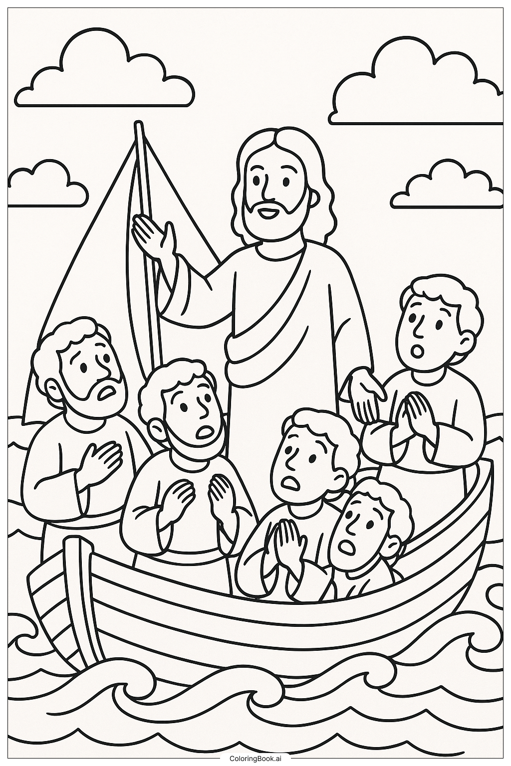  Página para colorear de Jesús calma la tormenta en el mar 