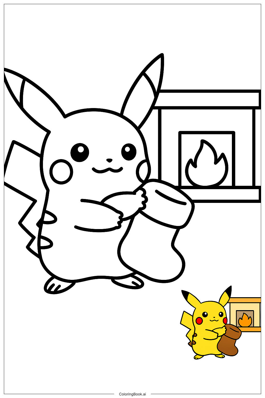 Pikachu Holding A Stocking By Fireplace Coloring Page 
