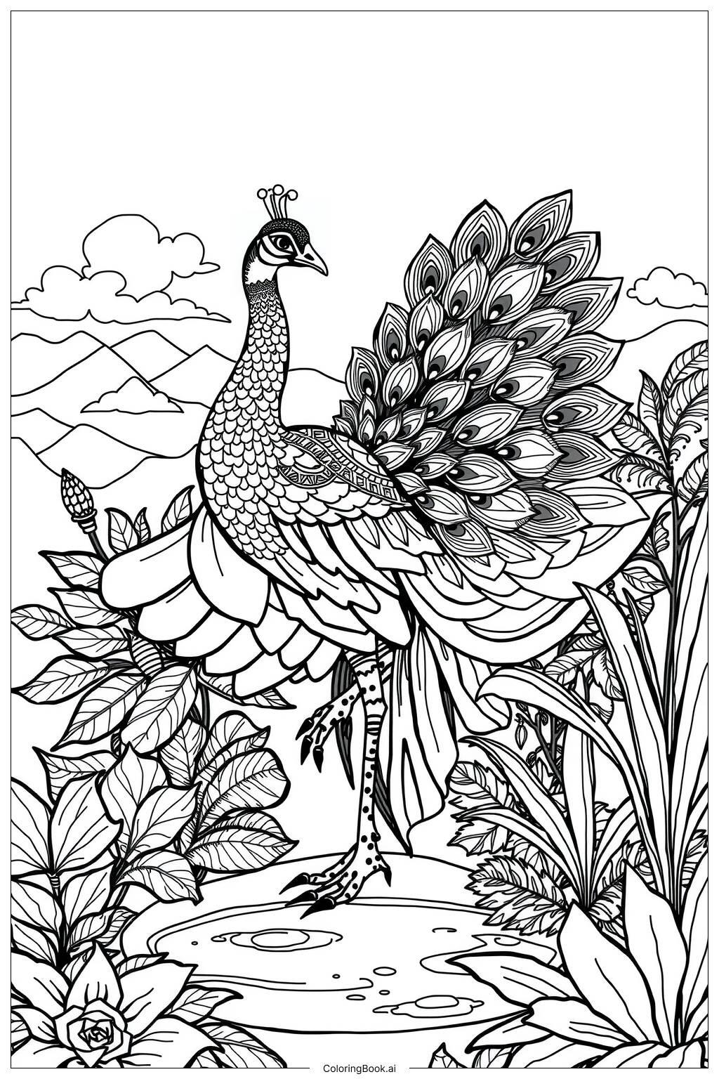  Page de coloriage paon dansant avec ses plumes 