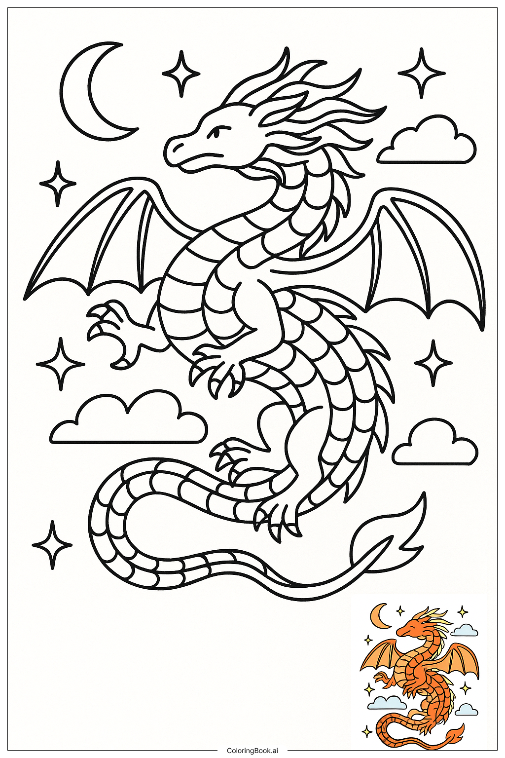  天の星空に浮かぶドラゴンの塗り絵ページ 
