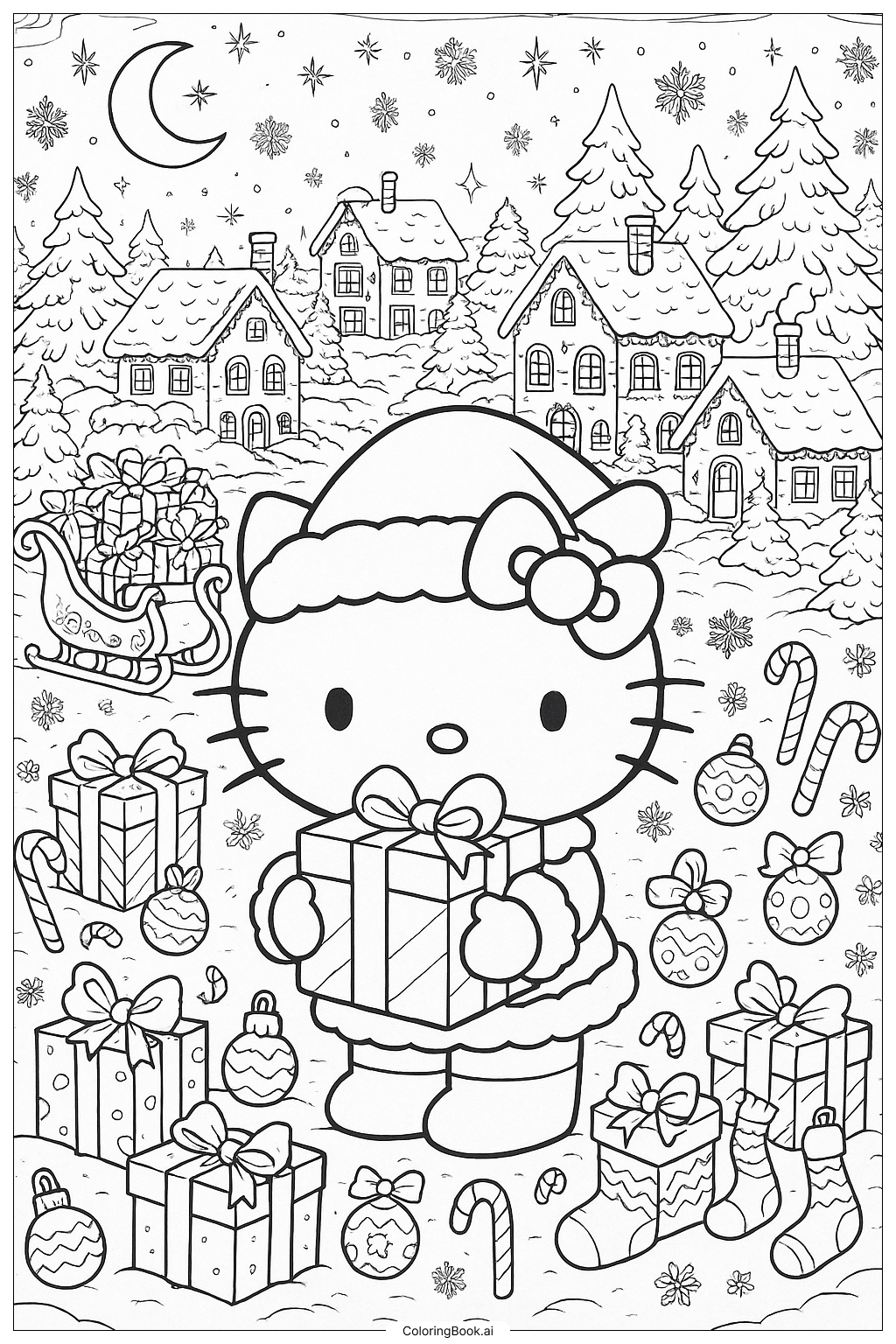  Hello Kitty Delivering Gifts On Christmas Eve Coloring Page 