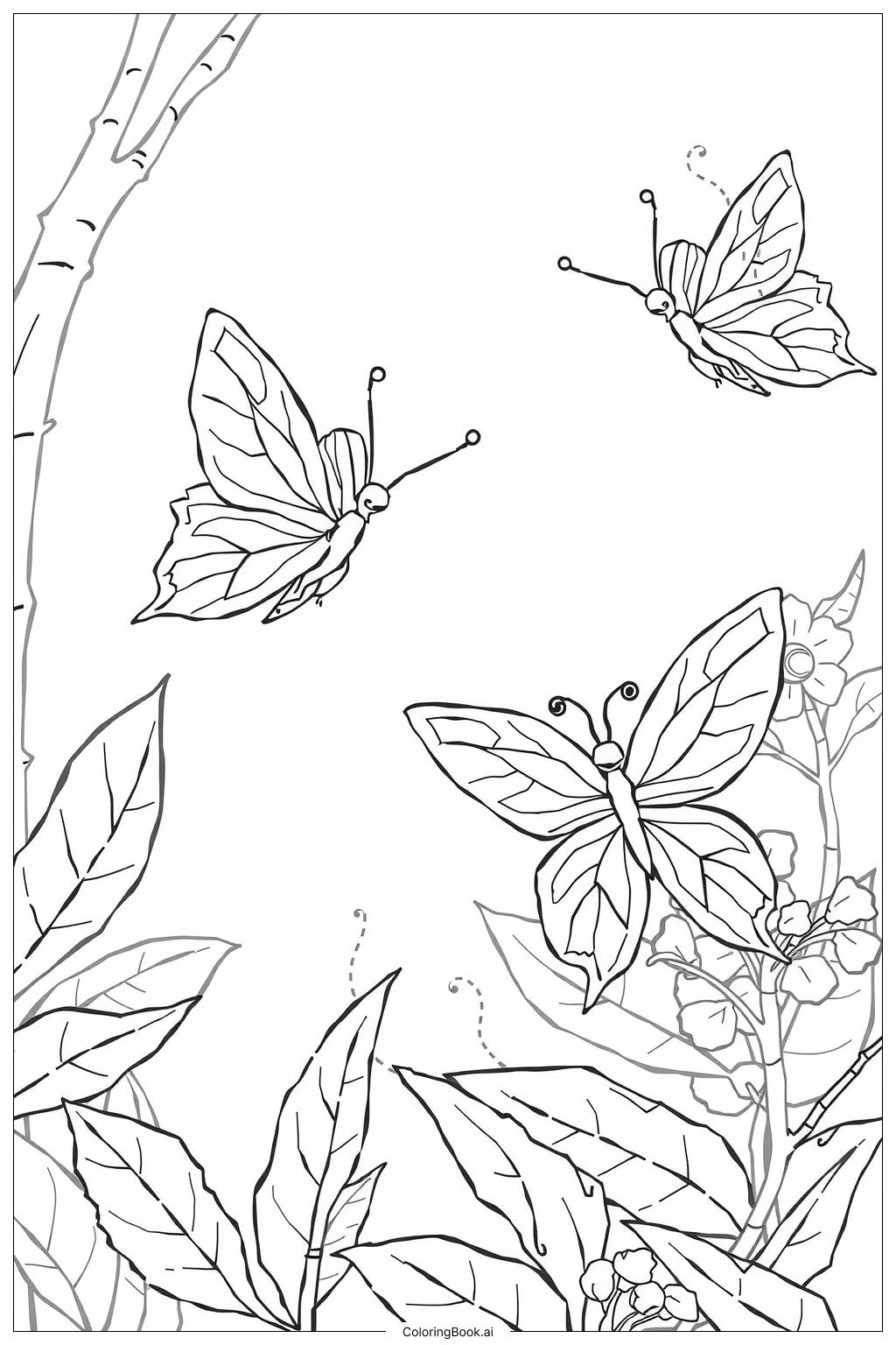  Leafy Background with Leafwing Butterflies Coloring Page 