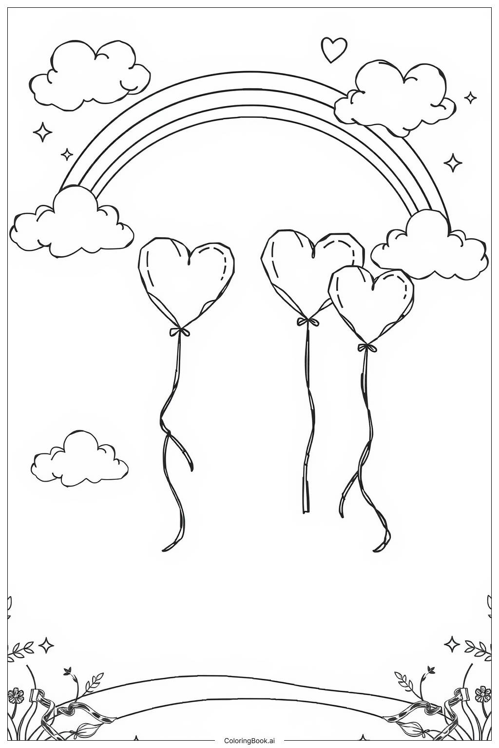  Page de coloriage Ballons en cœur et ciel arc-en-ciel 