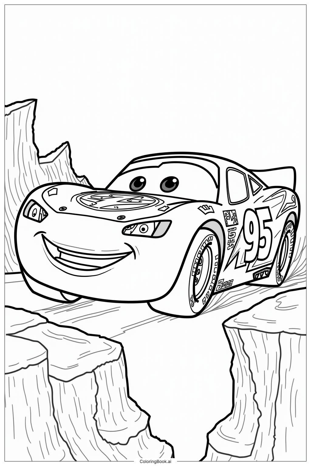  Página para colorir de Lightning McQueen Pulando Sobre um Canyons 