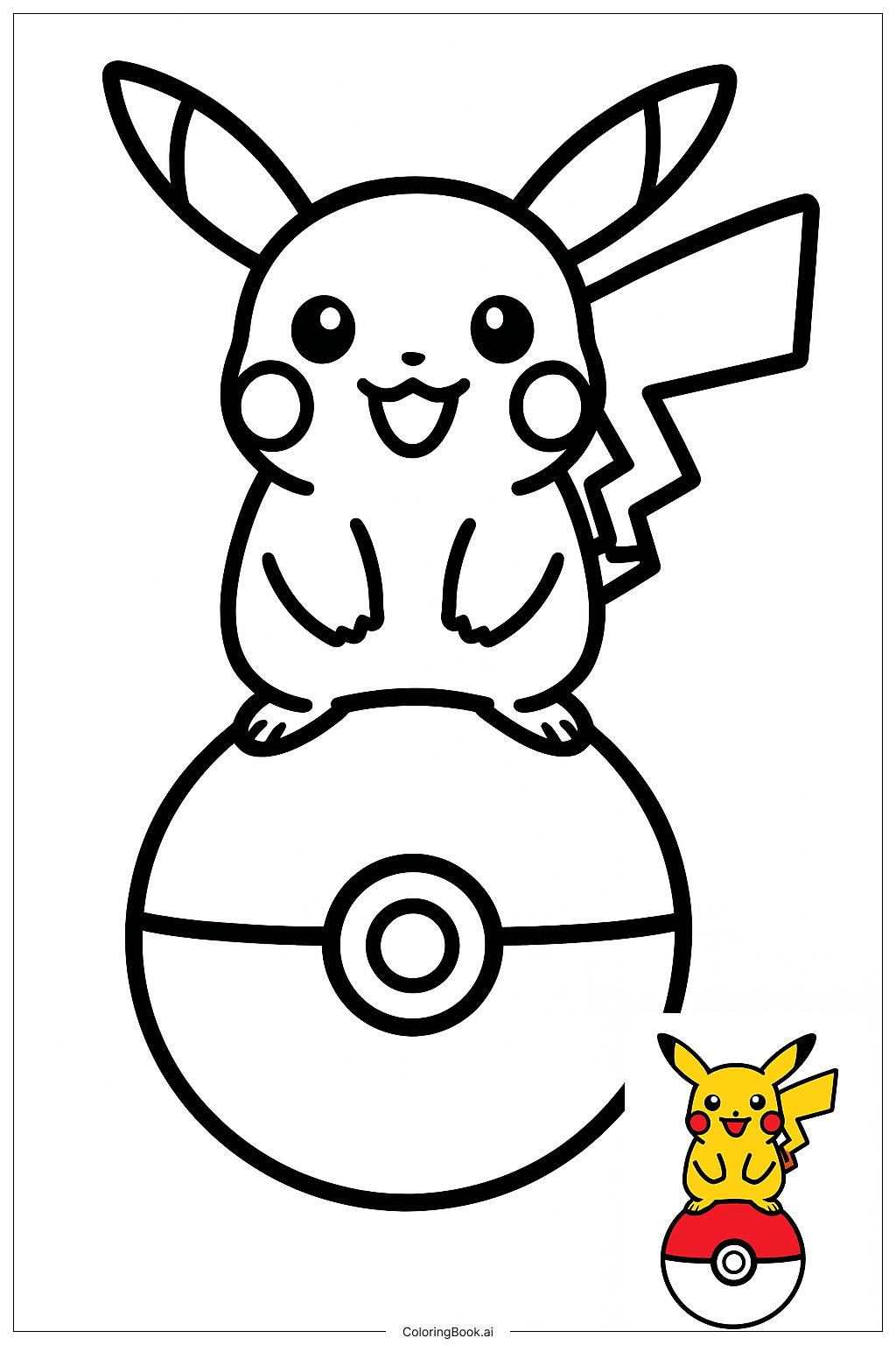  Página para colorear de Pikachu de pie sobre una Poké Ball 