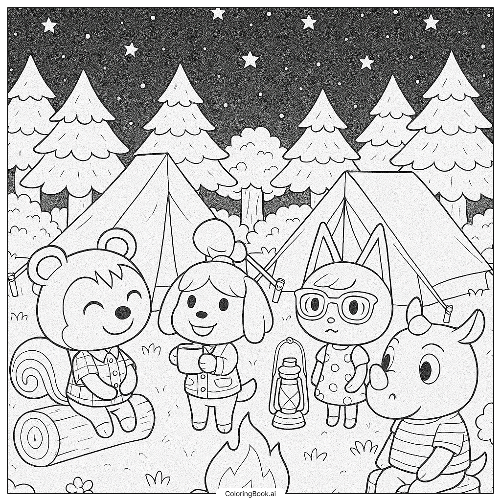  Animal Crossing Charaktere campen unter einem Sternenhimmel Ausmalseite 