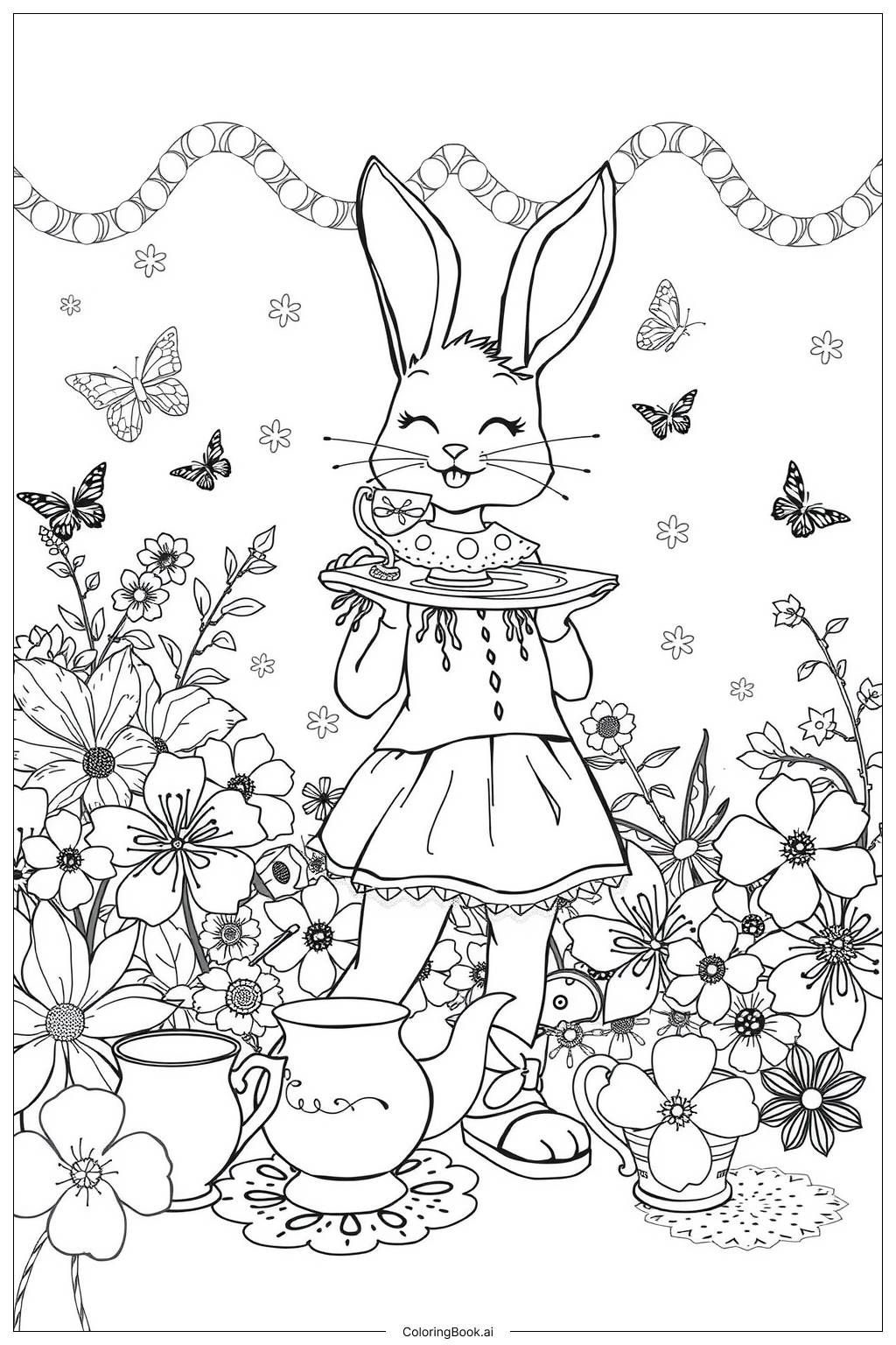  Bunny Tea Party Flowers-2 Coloring Page 