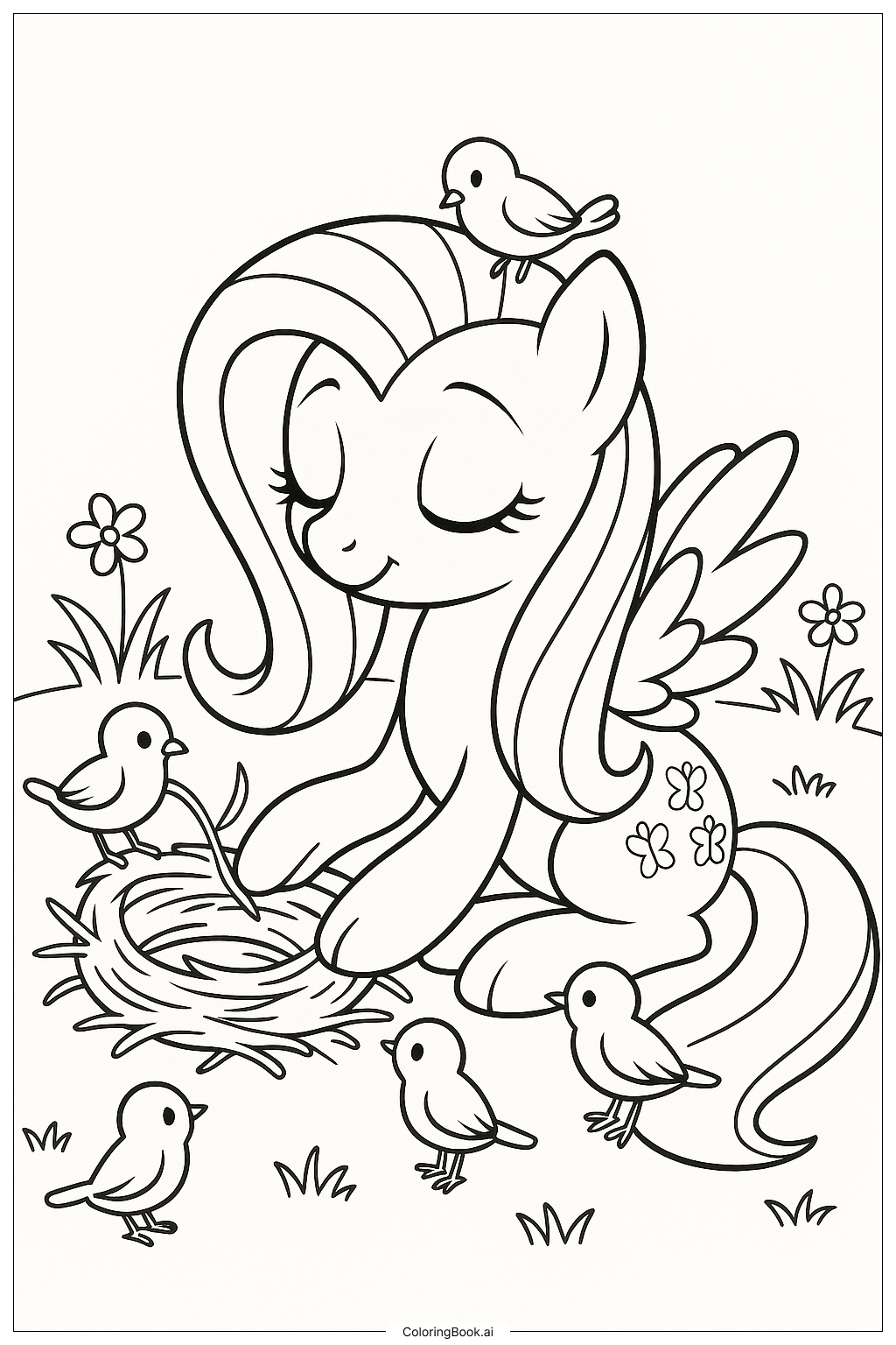  Trang tô màu Fluttershy Xây Tổ Với Chim 