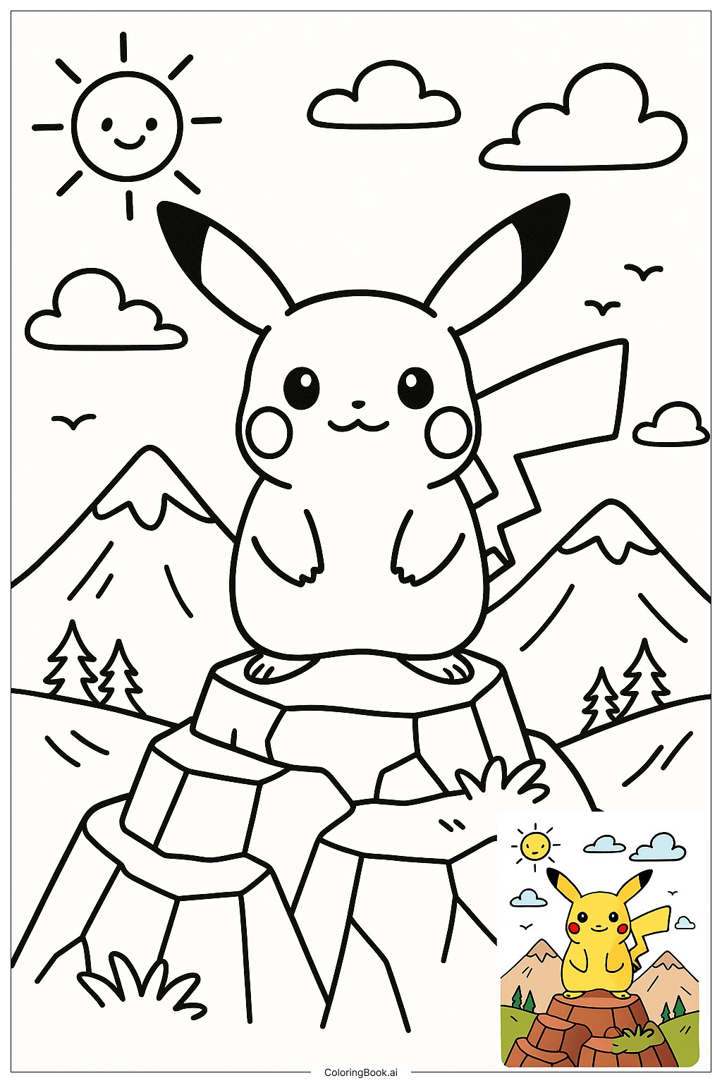  Pikachu Standing On Mountain Peak Coloring Page 