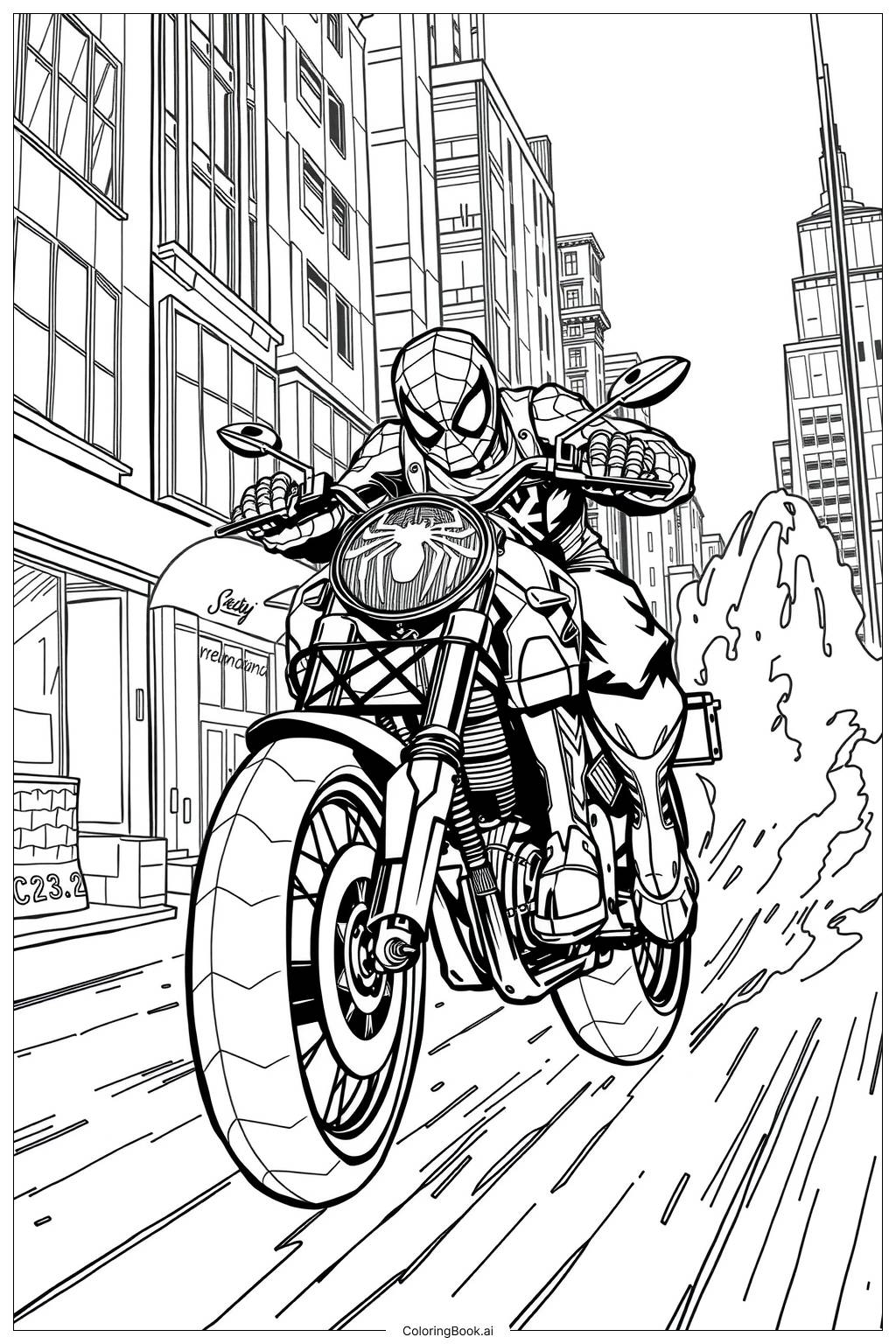  Página para colorear de Persecución en Motocicleta de Spiderman 