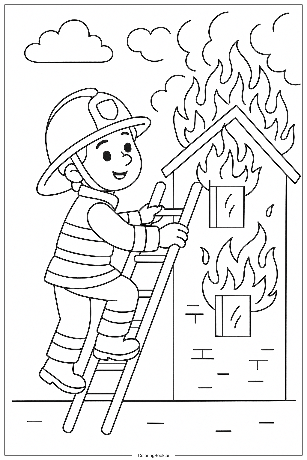 消防安全 消防员爬梯子填色页