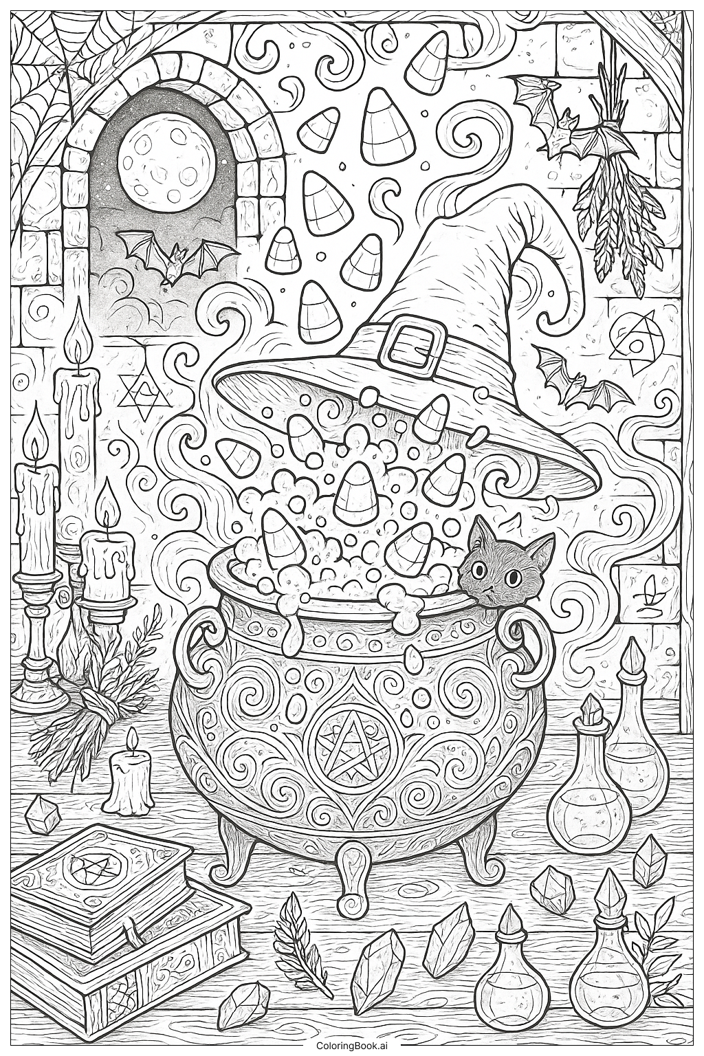  浮かぶキャンディコーンの魔女の魔法の薬の塗り絵ページ 