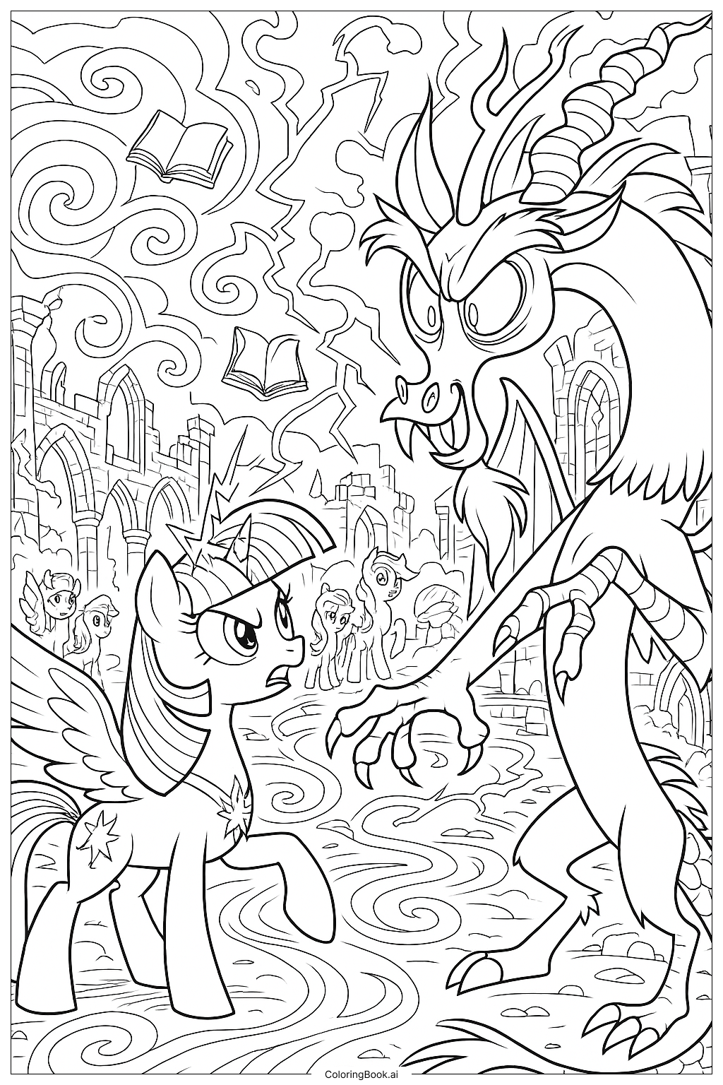  Page de coloriage Twilight Sparkle face au méchant Discord 