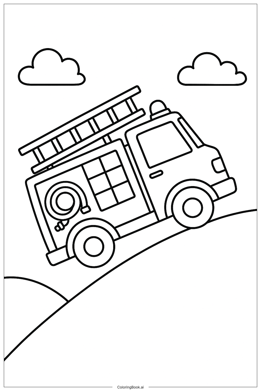  Page de coloriage Camion de pompiers gravissant une colline escarpée 