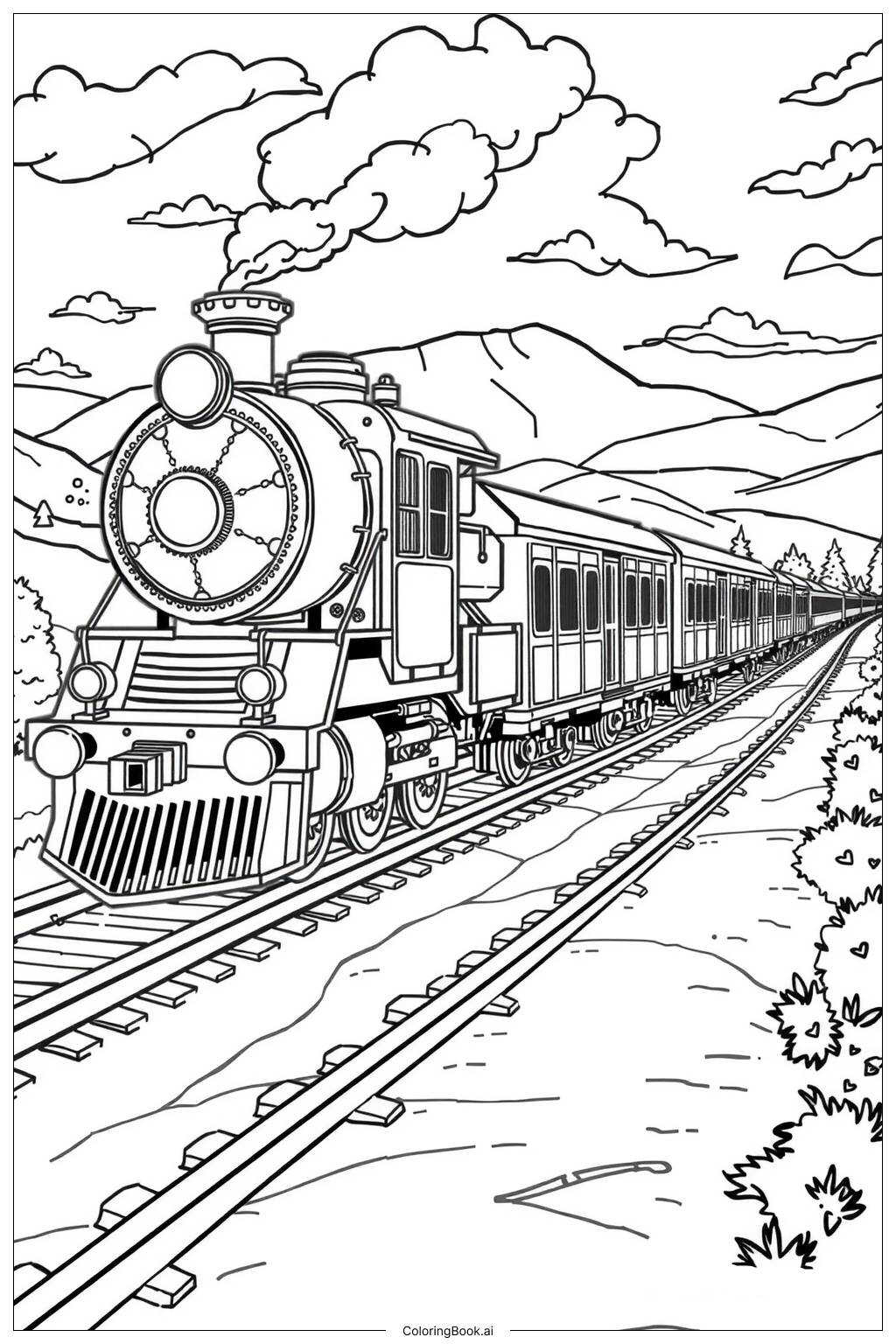  Página para colorir de trem em um trilho reto-2 