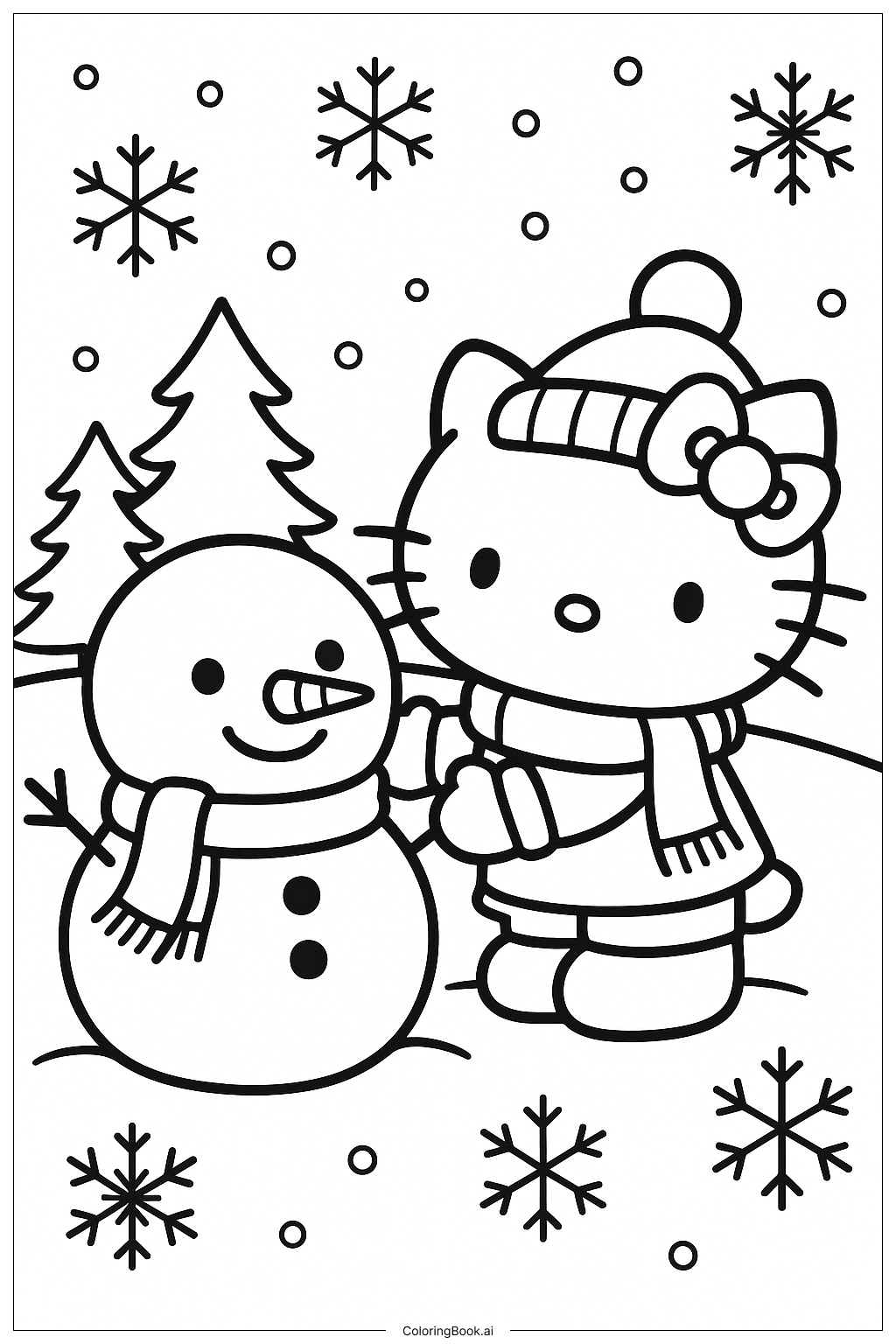  Hello Kitty Building A Snowman Friend Coloring Page 