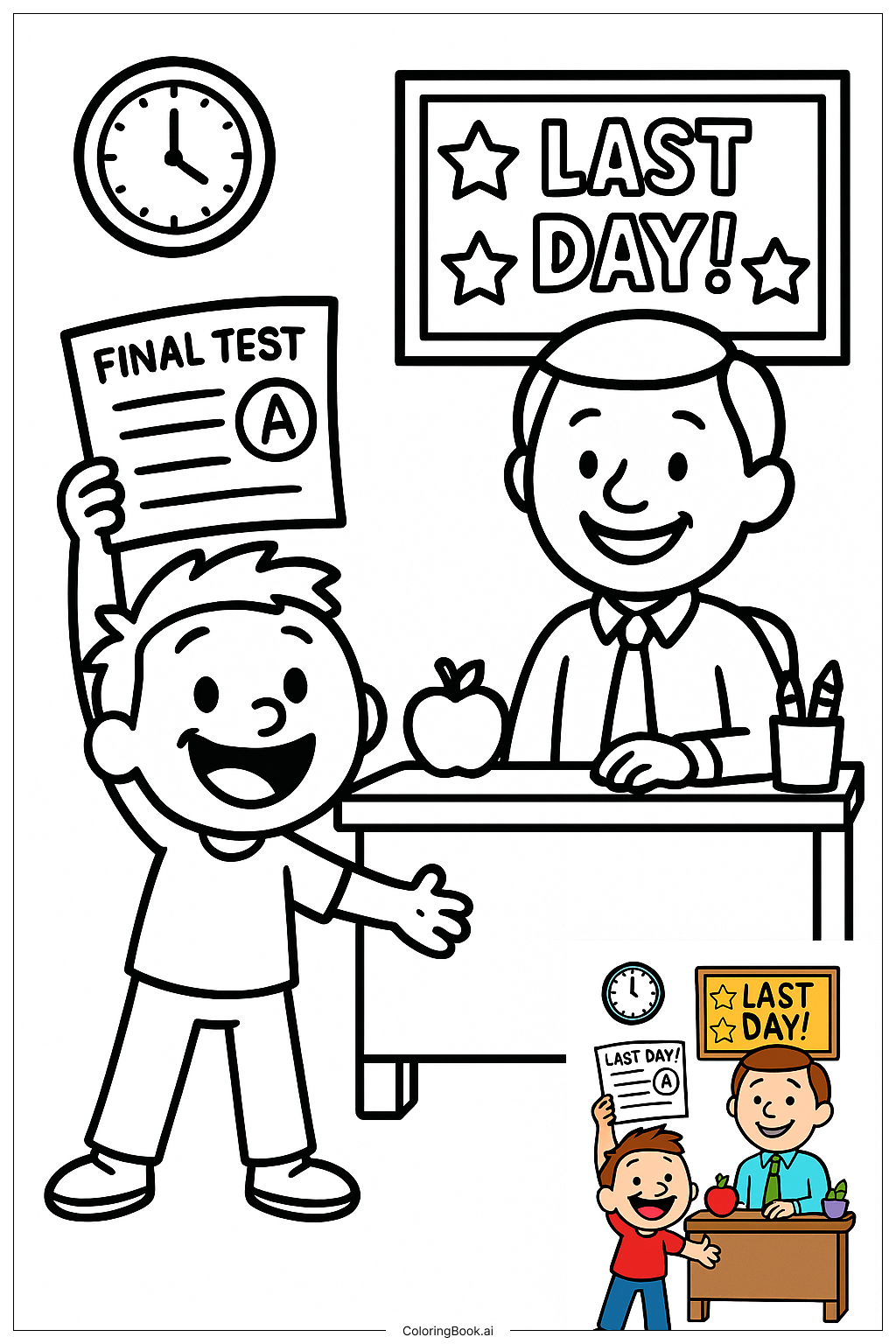  学校の最終日、最終テストを提出の塗り絵ページ 