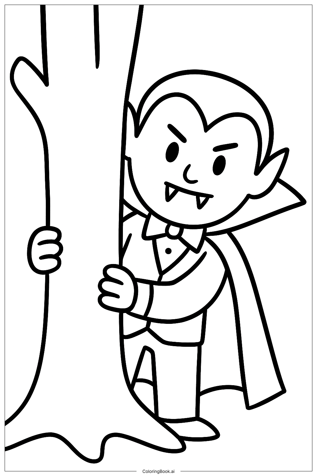 Página para colorir de Um Vampiro Escondido Atrás de uma Árvore