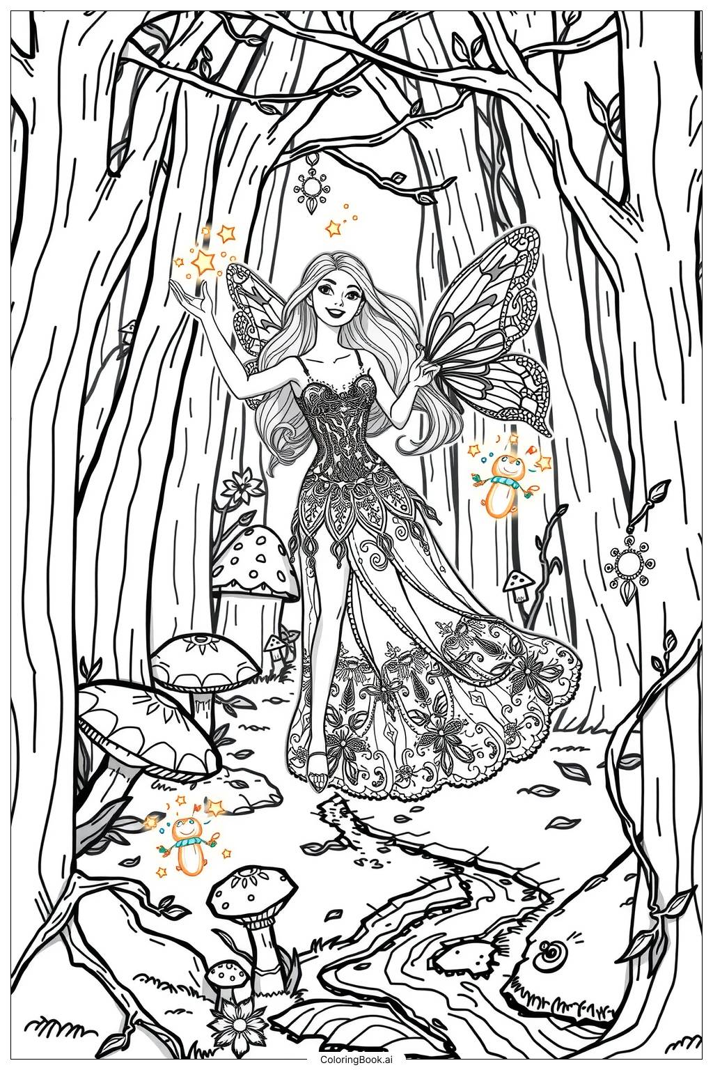  Page de coloriage barbie fée volant dans une forêt magique 