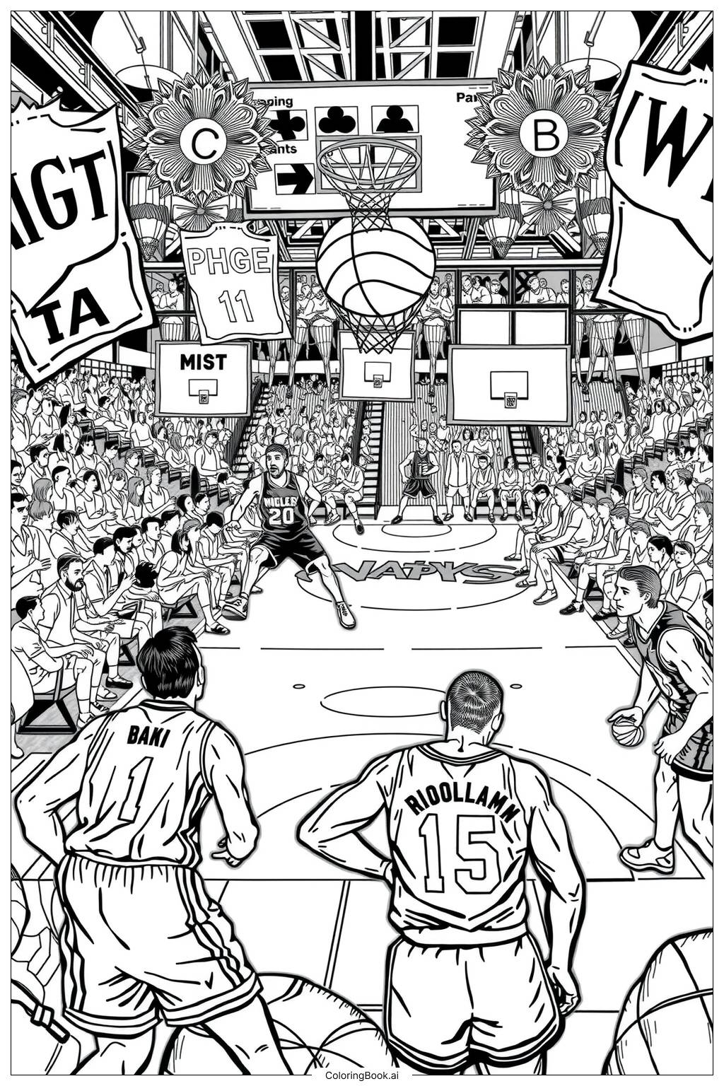  Page de coloriage match de l'équipe de basketball 