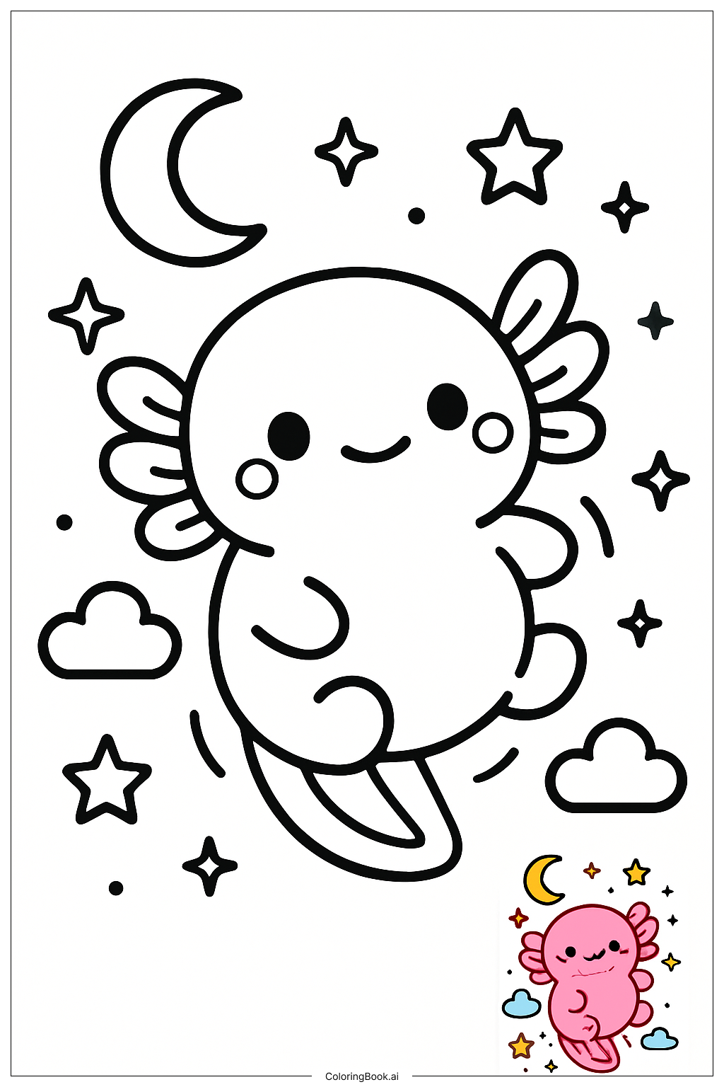  Página para colorear de Squishmallow Axolote Flotando en el Cielo Estrellado 