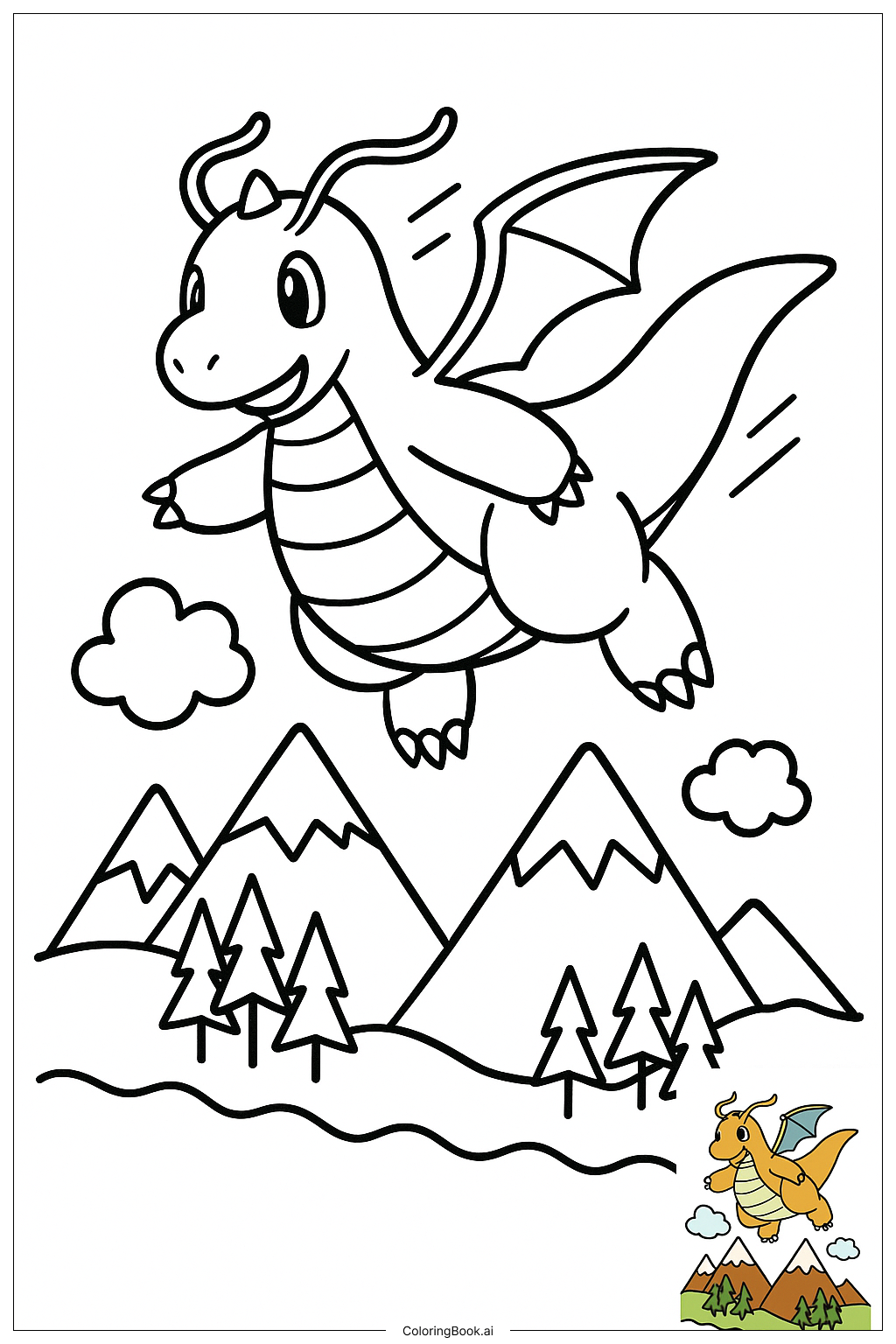  ポケモン ドラゴンタイプのドラゴンが山々を飛び越えるの塗り絵ページ 