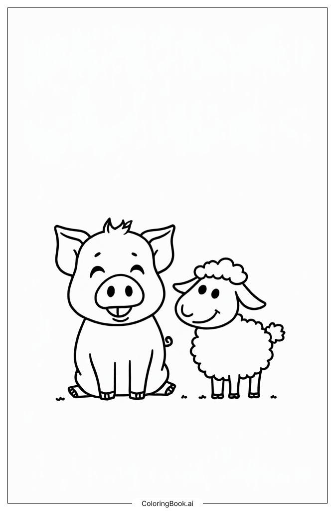  A piglet playing with a lamb Coloring Page 