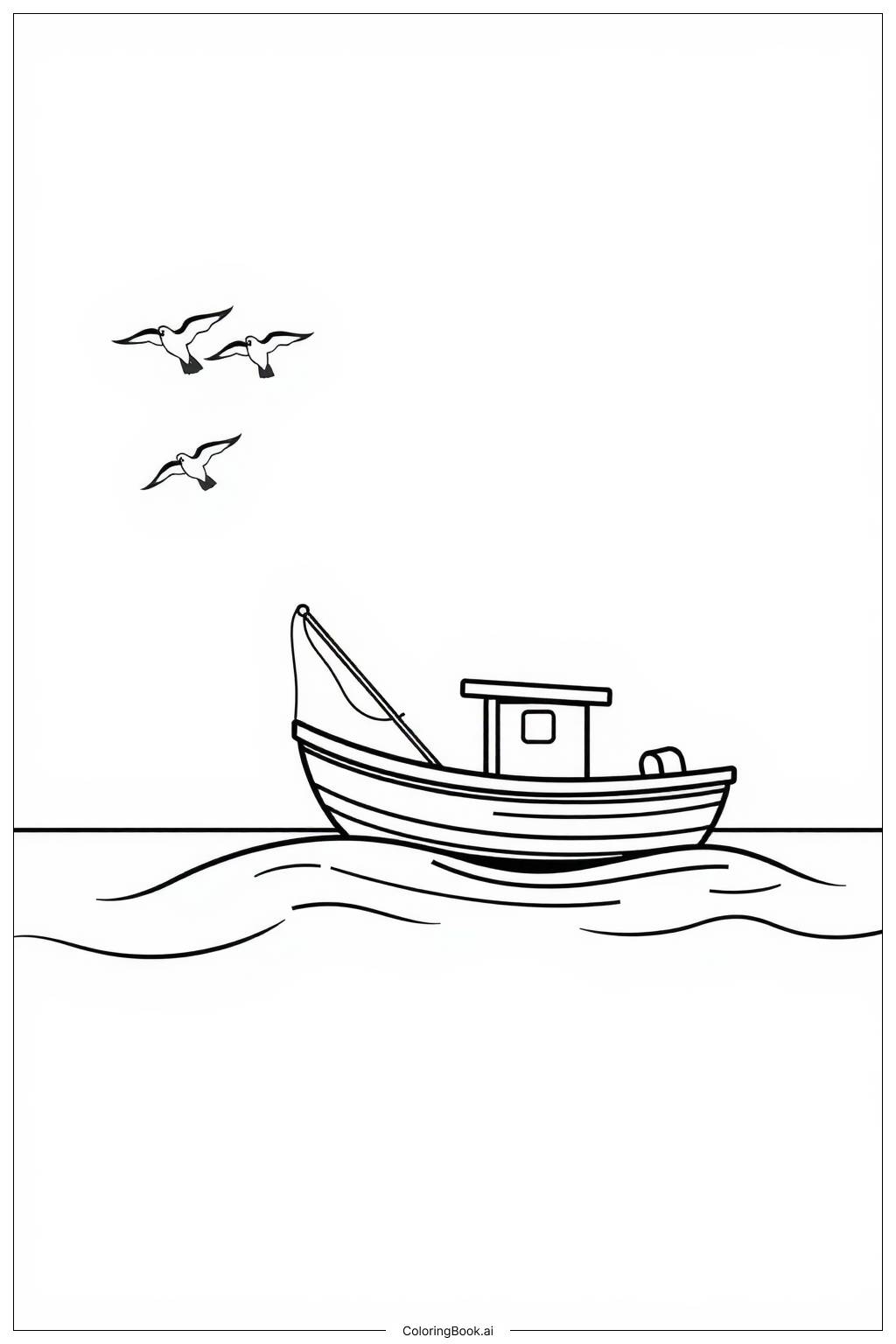  Page de coloriage Bateau de pêche avec des mouettes volant 