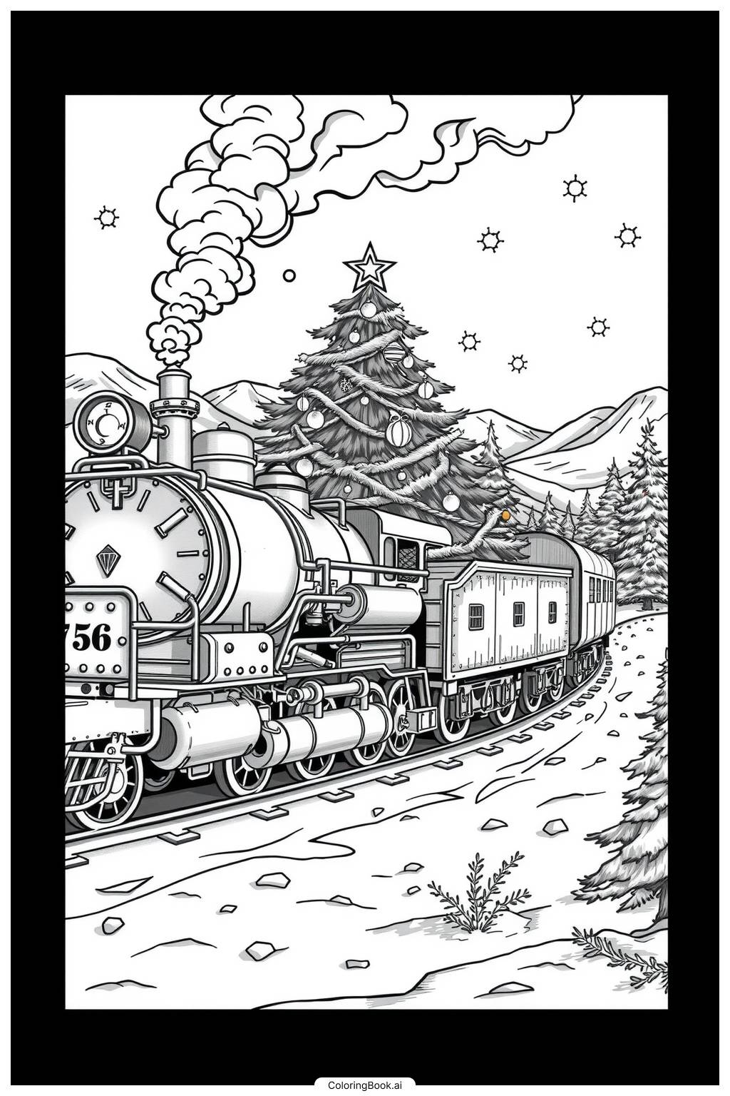  Página para colorir de trem com uma árvore de Natal 