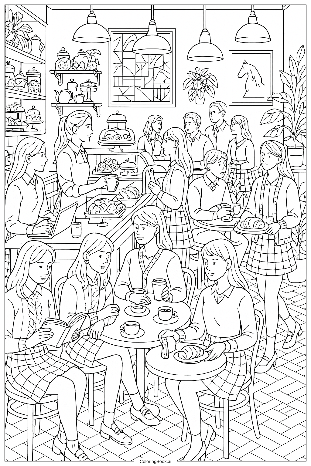 A Busy Preppy Cafe Scene Coloring Page