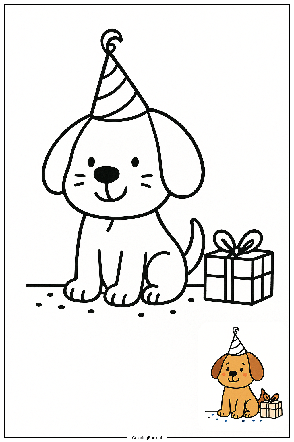  生日派对帽子的小狗填色页 