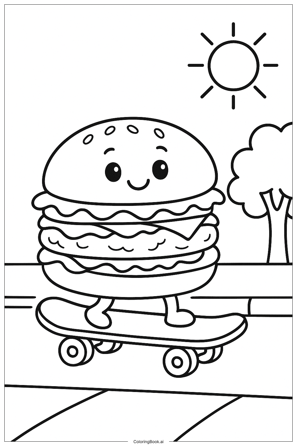  Page de coloriage Un hamburger faisant du skateboard 