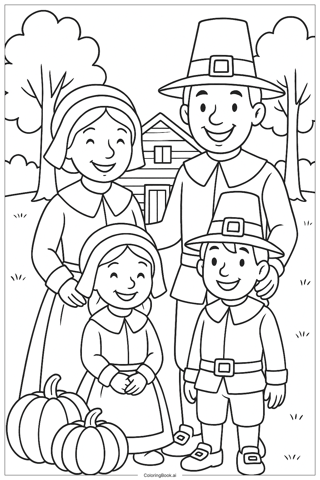  행복한 필그림 가족 색칠공부 페이지 