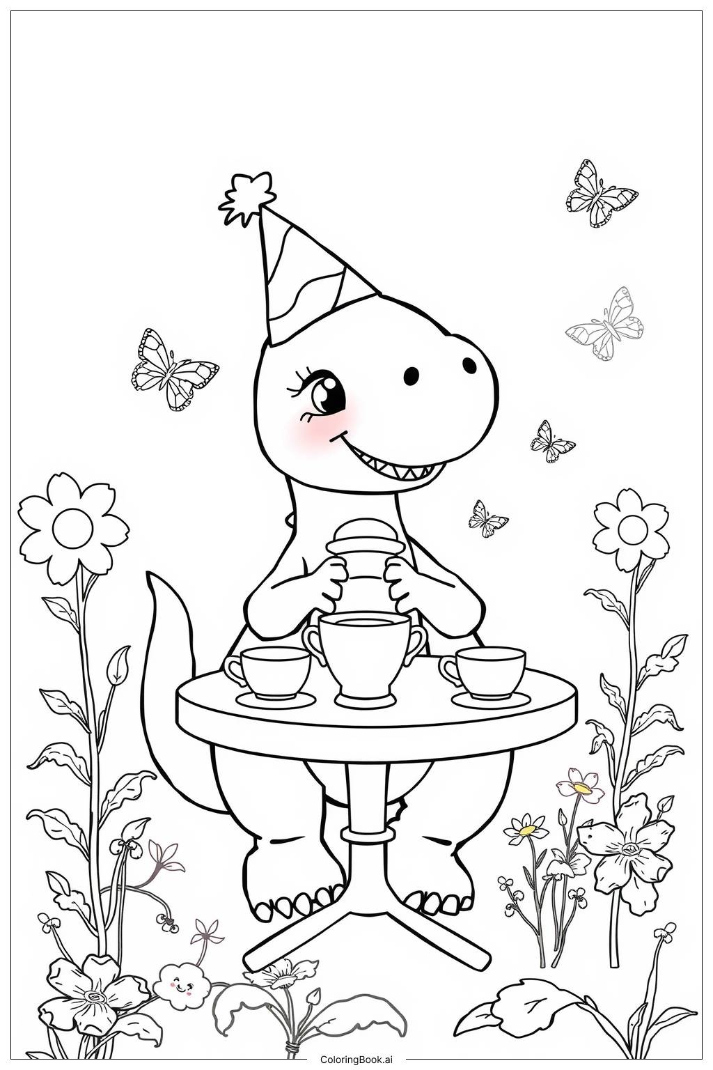  Page de coloriage Fête du thé des dinosaures 