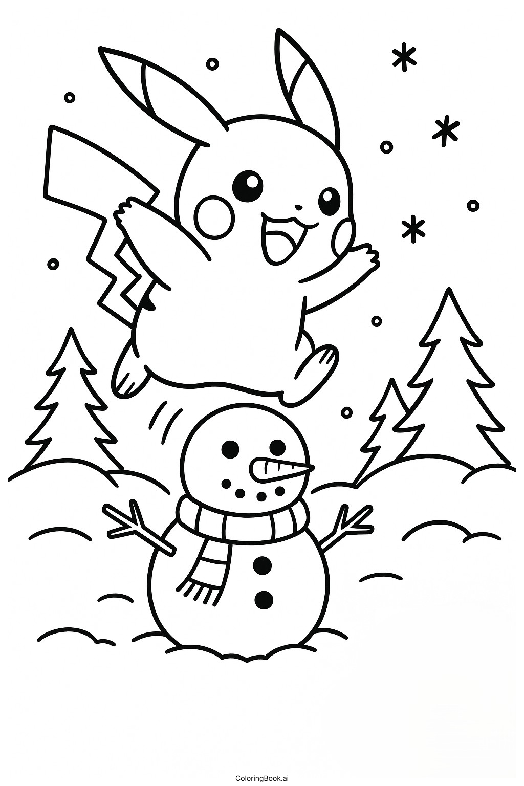  Pikachu Jumping Over Snowman Coloring Page 