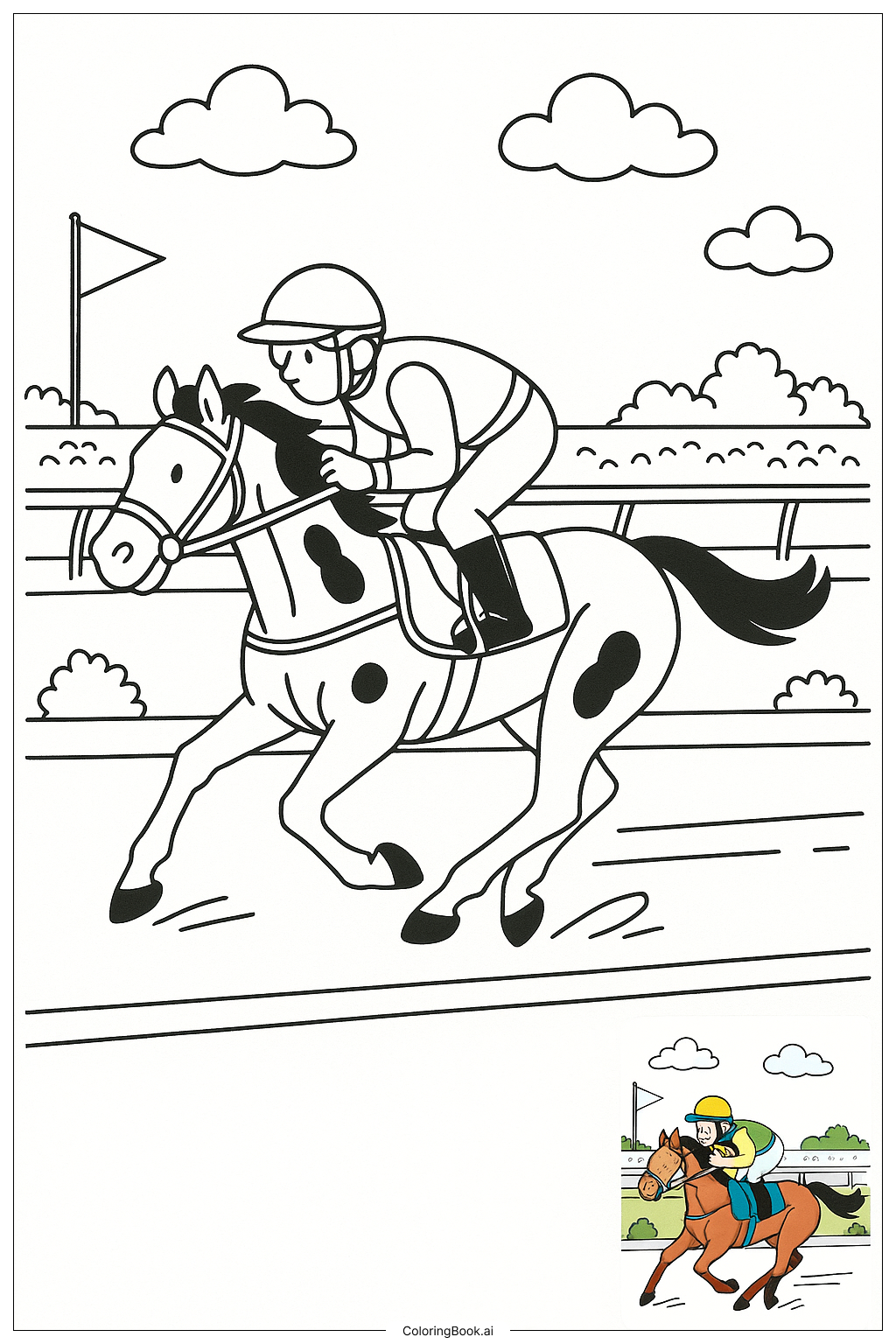  Página para colorir de Jockey Montando Cavalo de Corrida em Alta Velocidade 