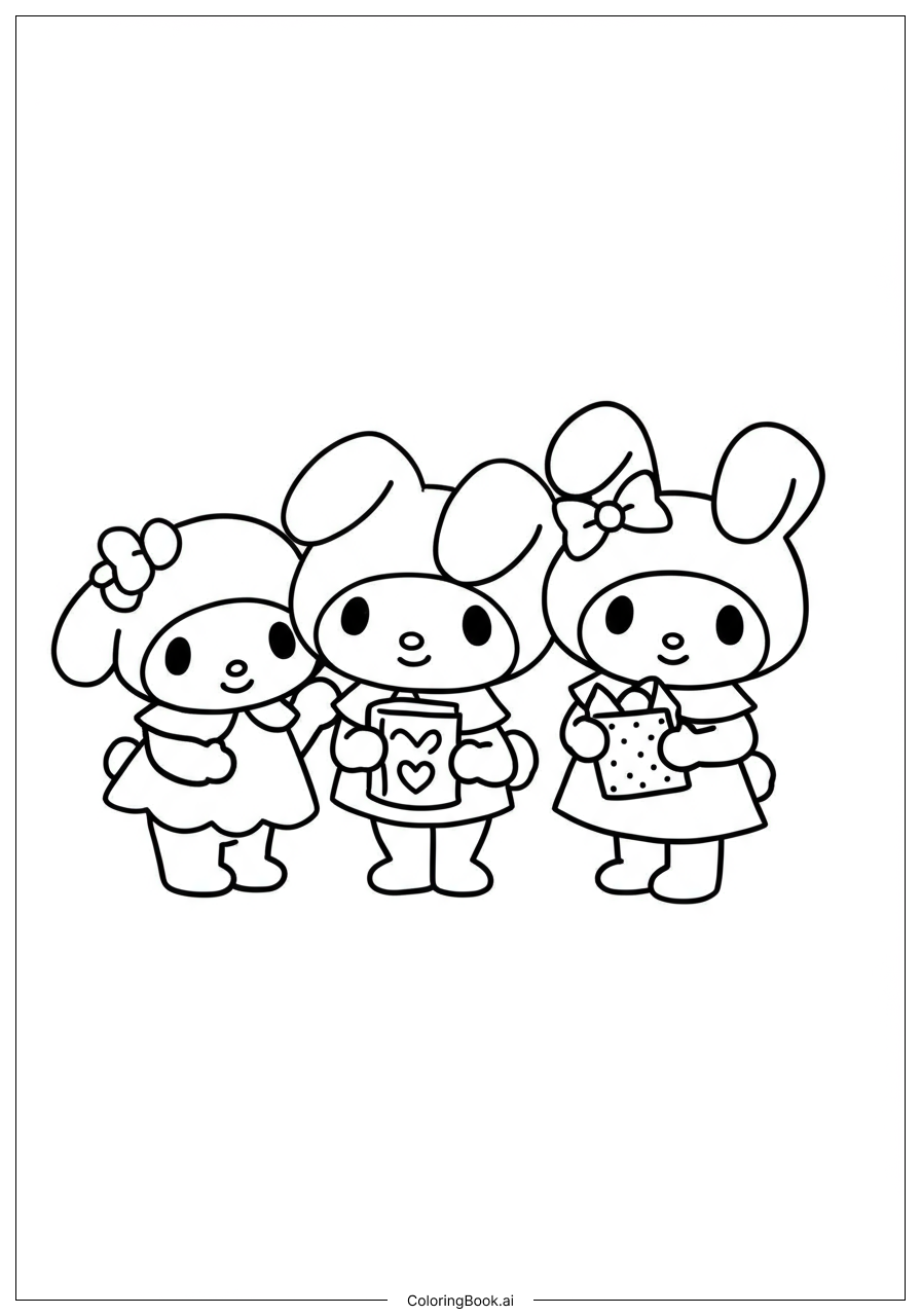  My Melody and Friends at a Picnic Coloring Page 