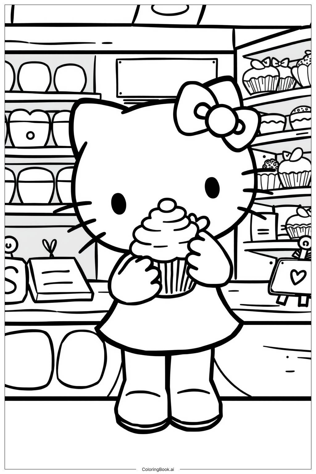  Página para colorir de hello kitty com um cupcake-2 