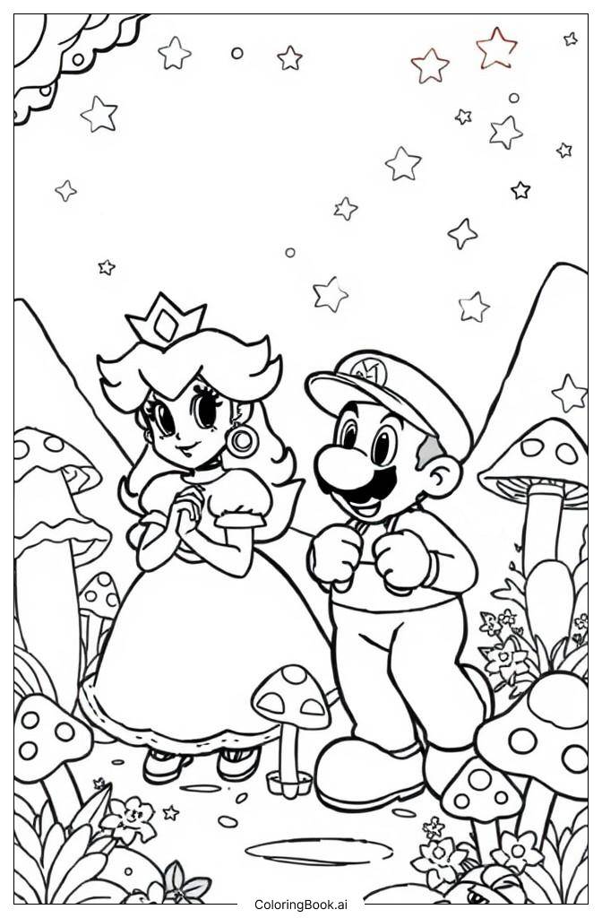  Página para colorear de La Princesa Peach y Mario en una aventura mágica 