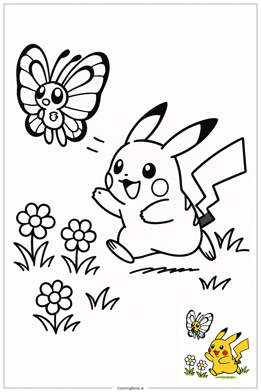 Página para colorear de Pikachu Persiguiendo a Butterfree en el Pradera 