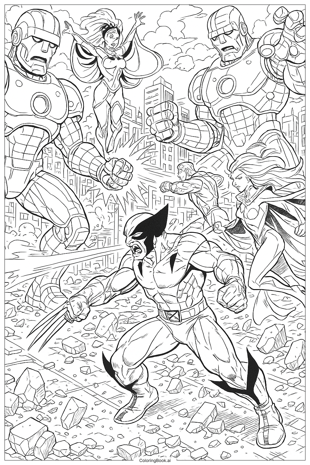Equipo de X-Men luchando contra múltiples Centinelas