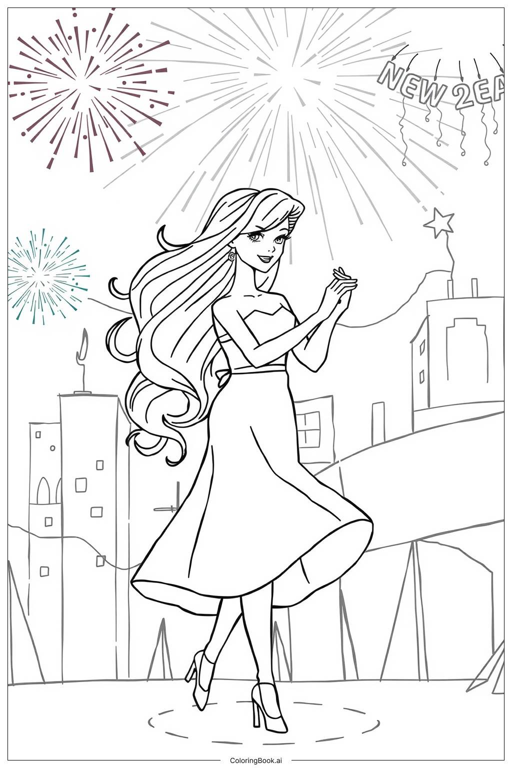  Page de coloriage Barbie dansant à une célébration du Nouvel An 2025 