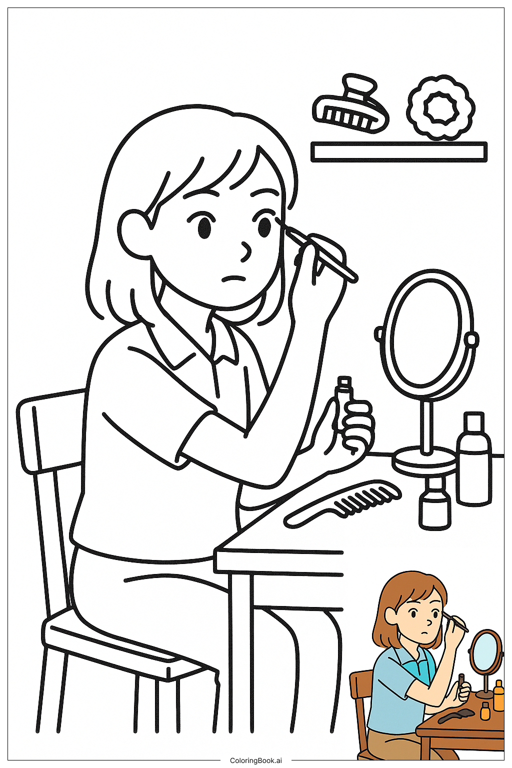  Página para colorear de Chica Aplicando Delineador Líquido con Cuidado 