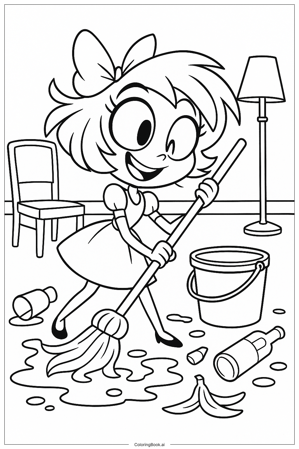 해즈빈 호텔에서 닛피가 엉망을 청소하는 모습 색칠공부 페이지