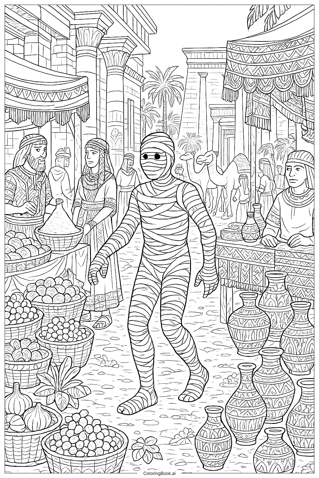  Mummy In A Bustling Egyptian Market Scene Coloring Page 