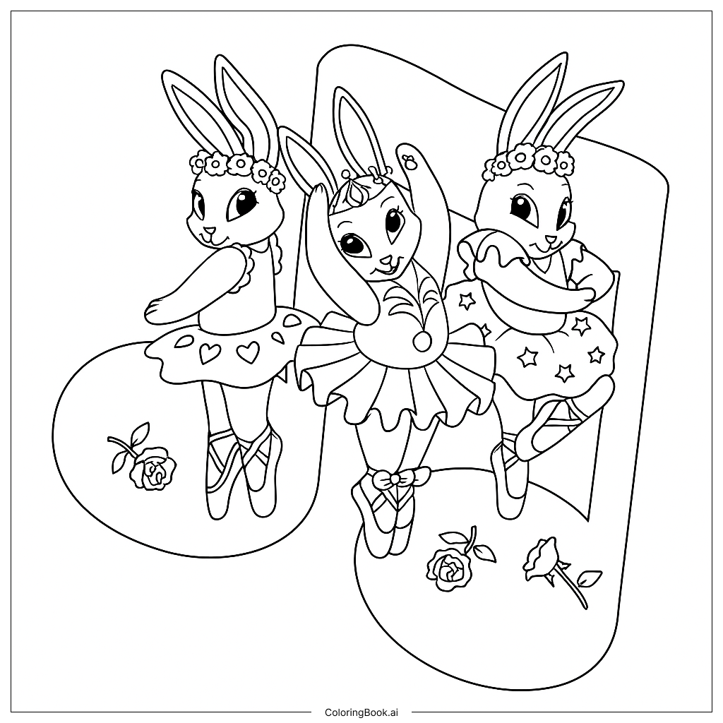  Page de coloriage Trois lapins ballerines dansant sur une note de musique violette 