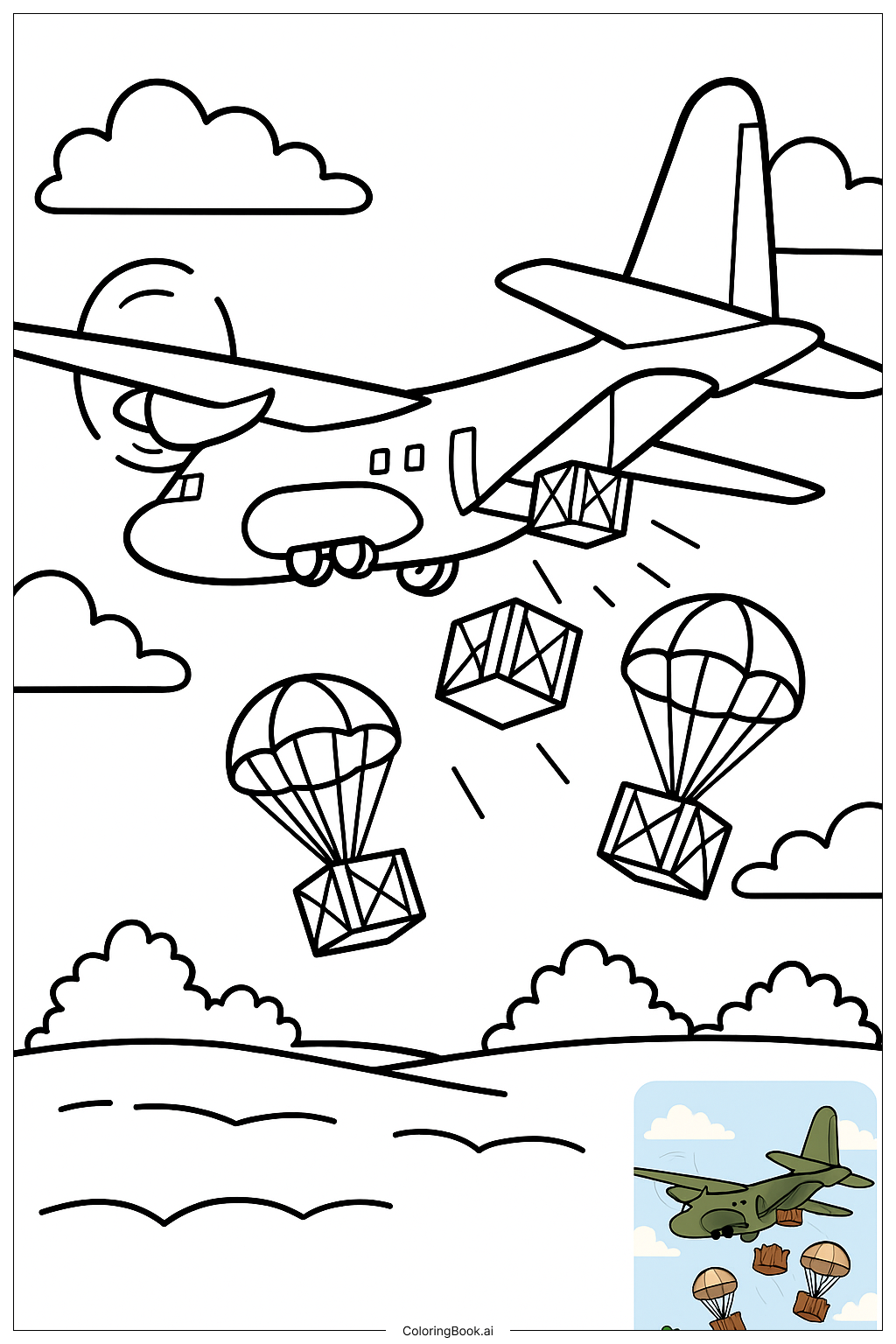  Page de coloriage Avion Militaire Lâchant des Fournitures 