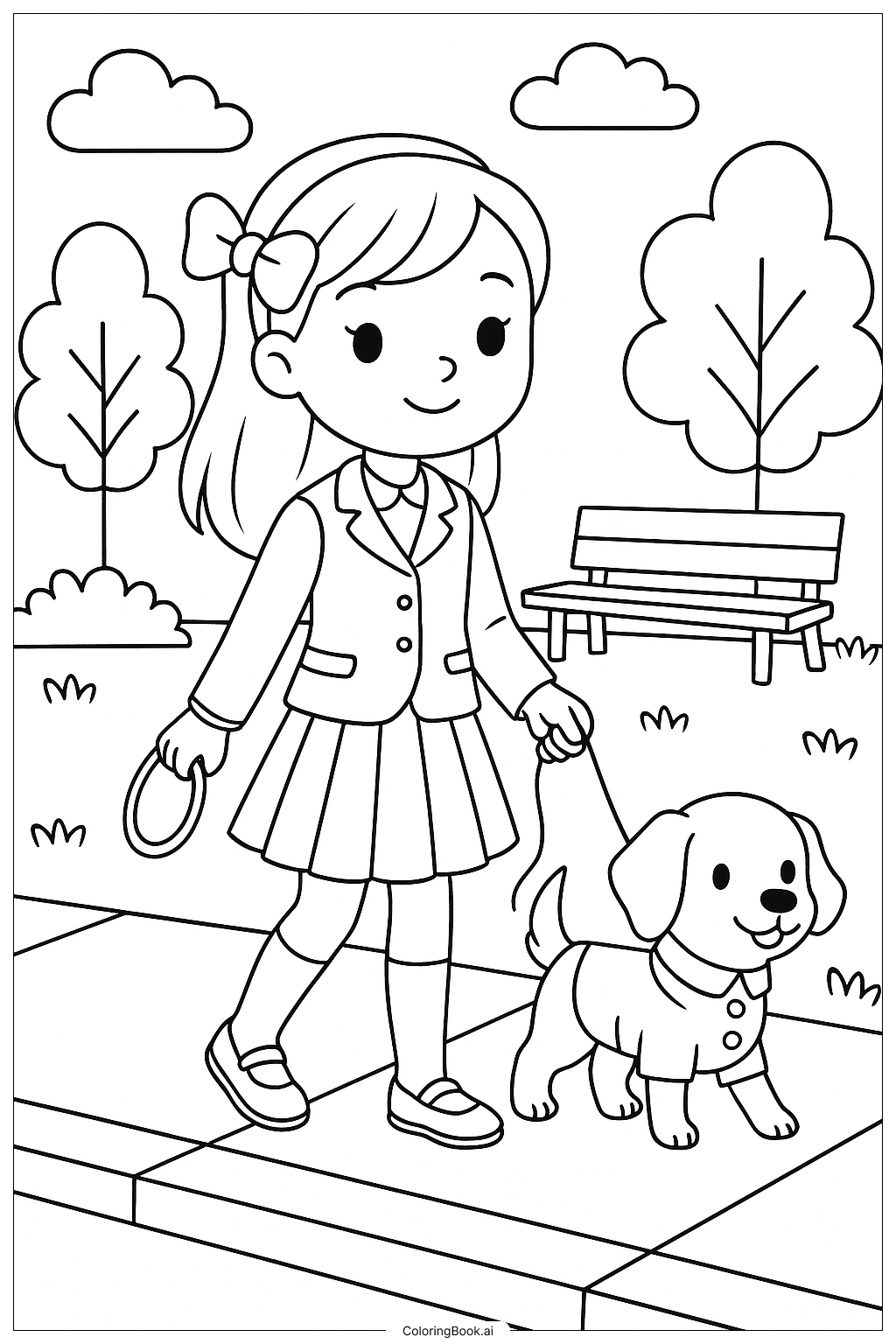  学院风女孩遛狗填色页 