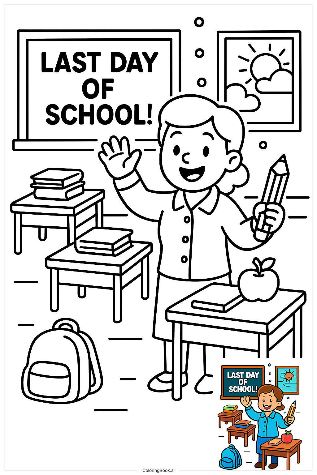  Last Day Of School Teacher Waving Goodbyeの塗り絵ページ 