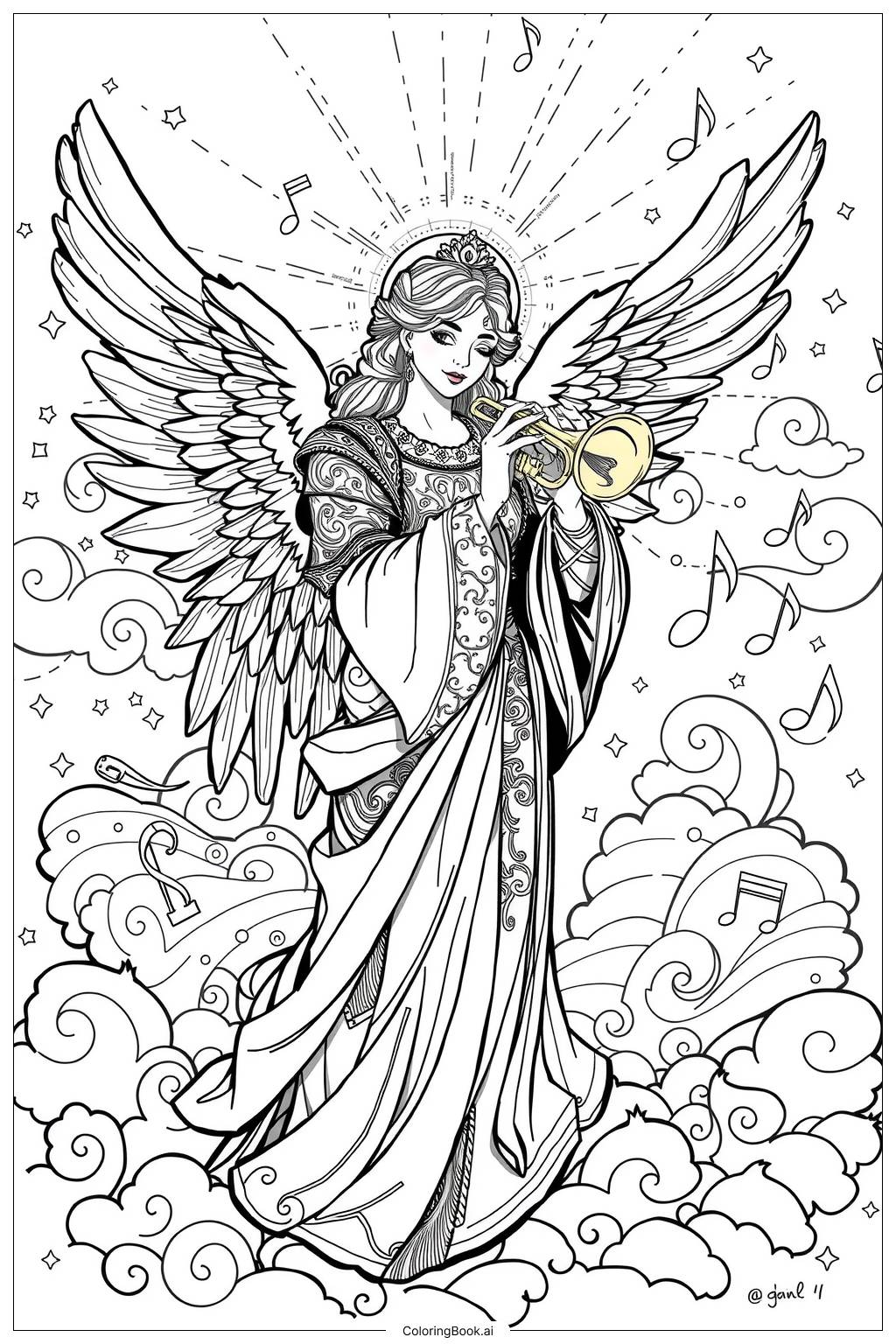  Angel Playing Golden Trumpet Coloring Page 